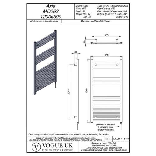 Vogue Axis 1200 x 600mm Straight Ladder Towel Rail Heating Only Chrome 1512BTU MD062 MS12060CP